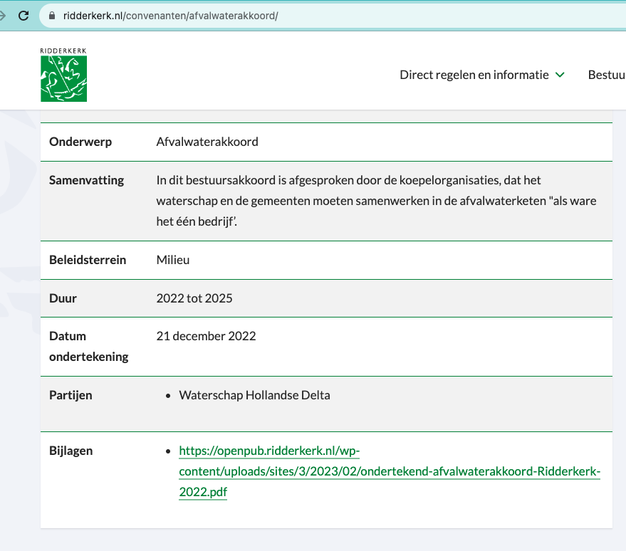 Voorbeeld metadata van een Convenant uit de gemeente Ridderkerk